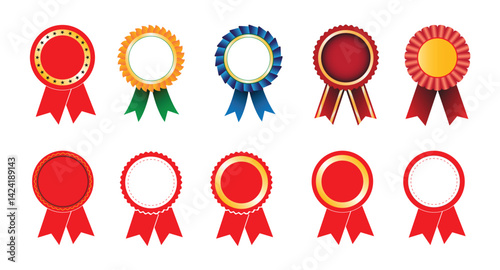 Award ribbon rosette set, Ten colorful prize ribbons and badges for achievement, competition, and recognition, Vector illustration collection