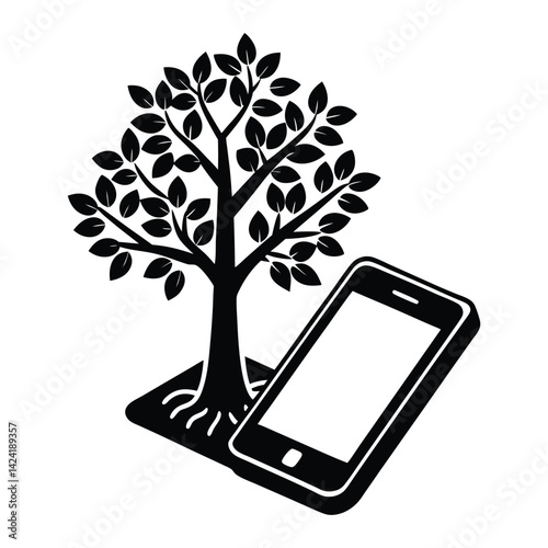 Tree growing from smartphone on white background