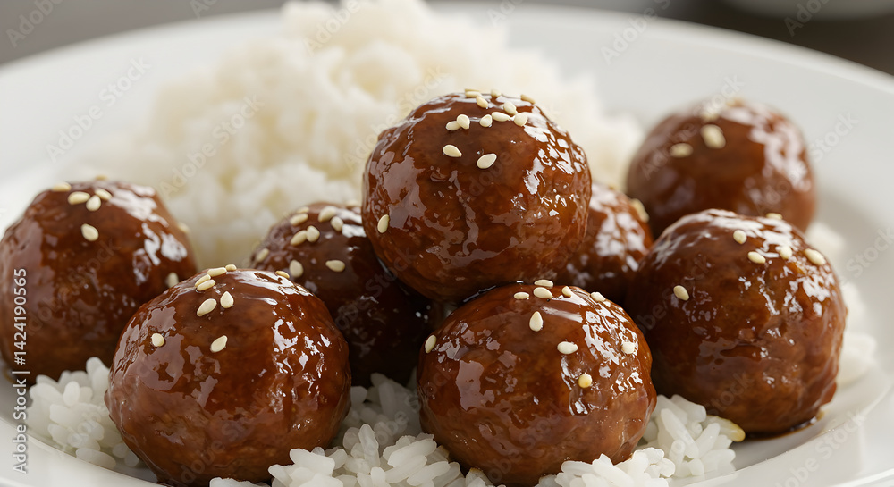 Glazed Meatballs Garnished With Sesame Seeds on a Bed of Rice Glazed Meatballs Garnished With Sesame Seeds on a Bed of Rice