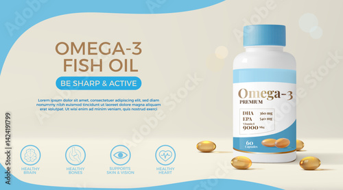 Vitamin supplement. Advertising banner design. D pill. Fish oil bottle ad with omega 3. Plastic 3d meds container. C nutrition. d3 capsule. Top view of dietary tablet. Vector background