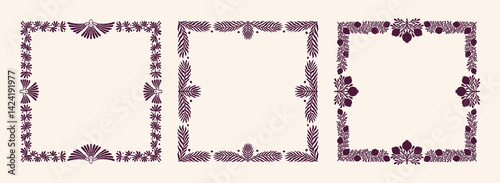 Flower ornament. Scandinavian art, decorative floral symmetry or mirrored symmetrical flora silhouette. Botanical design elements, square frame. Vintage card with leaves. Vector design