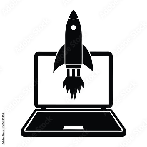 Silhouette of a rocket launching from a laptop on white background