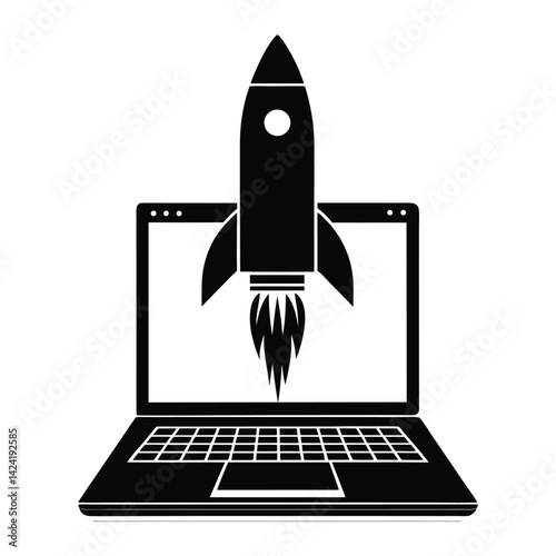 Silhouette of a rocket launching from a laptop on white background