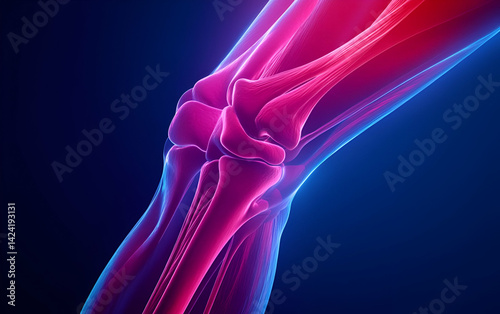 A vivid illustration of a human knee joint showcasing anatomy in vibrant colors for educational purposes.