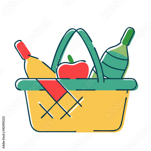 Colorful picnic basket with fruits and beverages  