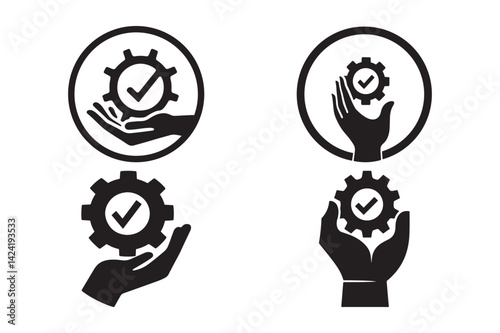 Gear and Checkmark in Hand Icons Quality Control, Maintenance, Reliability Vector Set