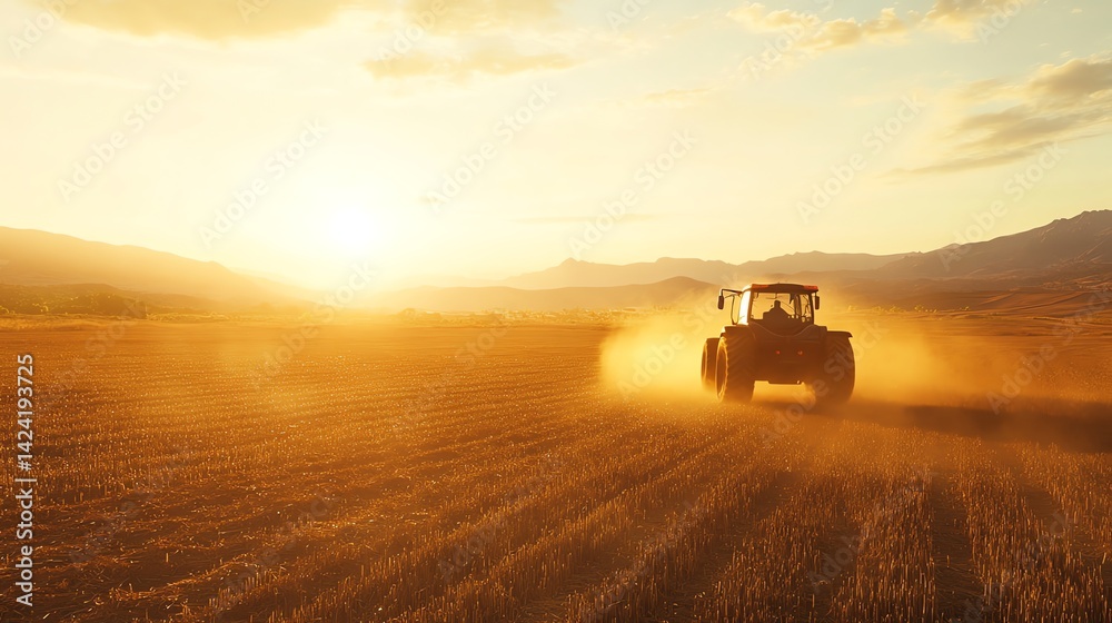 Fototapeta premium Tractor Working in the Field at Sunset with Dust and Golden Light