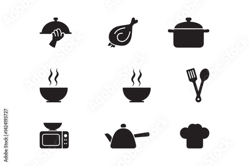 Cooking and Kitchen Icon Set Food Preparation, Utensils, and Appliance Vector Collection
