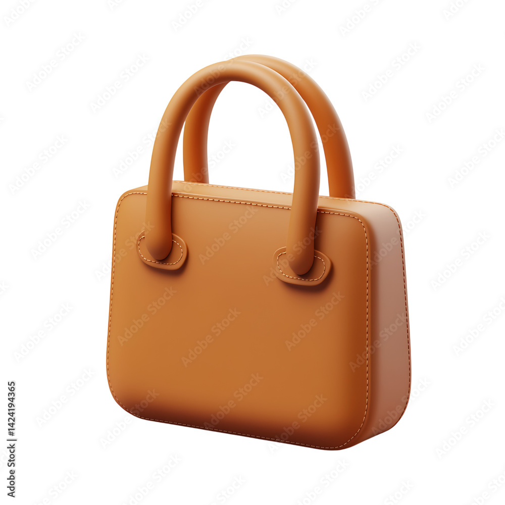 A soft 3D handbag icon with rounded edges and smooth surface featuring stitched handles and a clean minimal design style on a transparent background