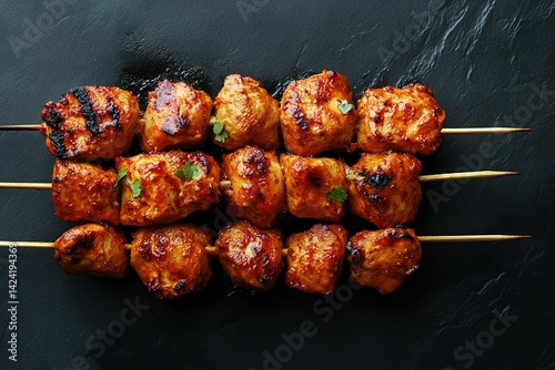 minimalistic design Indian chicken tikka on skewers, Indian dish,, the extreme right third of an image, on the extreme right third of an image, space for text, hyper-detailed, Cinematic