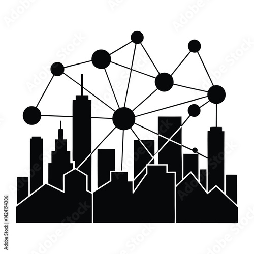 Silhouette of a city skyline with connected data icons on white background