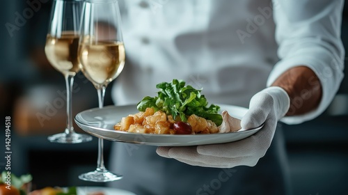 Fototapeta Naklejka Na Ścianę i Meble -  An attentive server elegantly presents a gourmet dish alongside fine wine glasses, embodying sophistication, service excellence, and a luxurious dining experience.