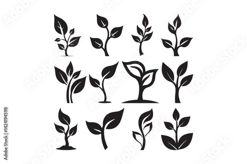 Young Plant Icons Minimal Sprout Silhouettes for Eco Growth and Nature Design