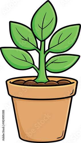 Cartoon Plant Pot Vector Illustration — Cute and Colorful Potted Plant Clipart for Botanical, Nature, Gardening, and Home Decor Design Projects