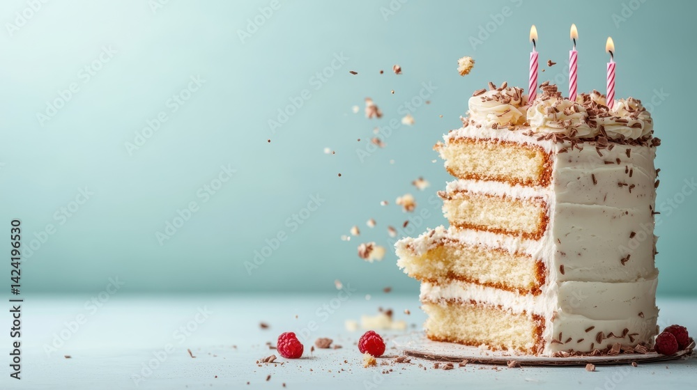 A tempting chocolate layer cake with a piece missing showcases indulgent fluff and crumbs, capturing the essence of a delightful treat, ideal for birthdays.