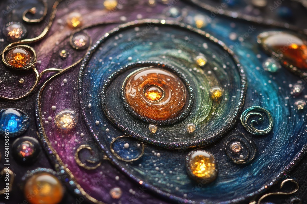 A vibrant cosmic spiral with swirling nebulas and celestial orbs in an artistic rendering of the universe A vibrant cosmic spiral with swirling nebulas and celestial orbs in an artistic rendering of the universe