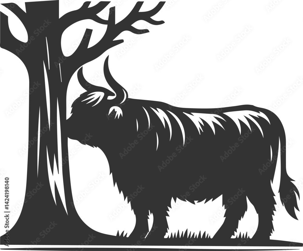 Fototapeta premium Highland cattle black vector with forest silhouette
