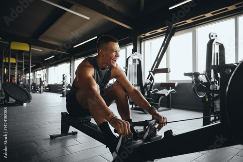 Cheerful attractive man smiling while using rowing machine in contemporary gym. Fit young man working out on rowing equipment at fitness center. Weight loss and cardio exercise concept