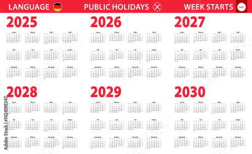2025-2030 year calendar in German language, week starts from Sunday.