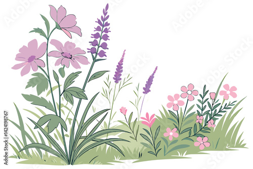 5 Vibrant floral border, colorful wildflowers, blooming shrubs, lush garden landscape, pastel purple and pink blossoms, green foliage, watercolor style, soft edges, natural garden scene, springtime fl
