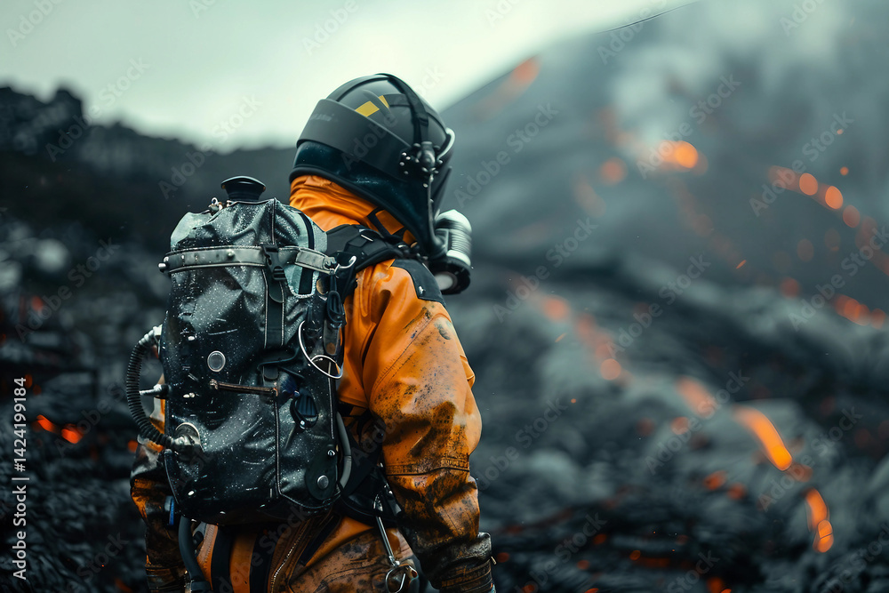 Fototapeta premium Scientists observing massive volcanic eruption with lava explosion and ash cloud, generative ai