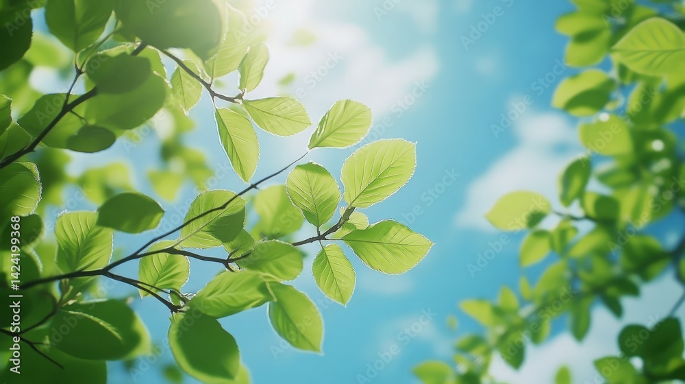 Fresh Green Leaves Under a Bright Sky with Soft Clouds Fresh Green Leaves Under a Bright Sky with Soft Clouds