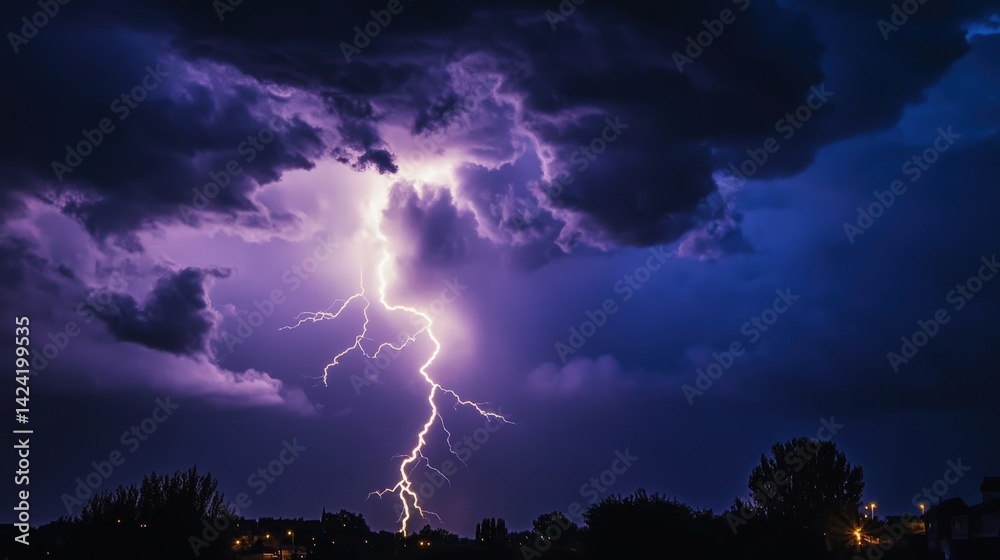 Bright Flash of Lightning Illuminates Dark Stormy Sky Over a City Landscape at Night Bright Flash of Lightning Illuminates Dark Stormy Sky Over a City Landscape at Night