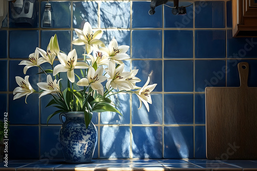 Sunlight illuminates a vase of lilies against a blue tiled kitchen backsplash. photo