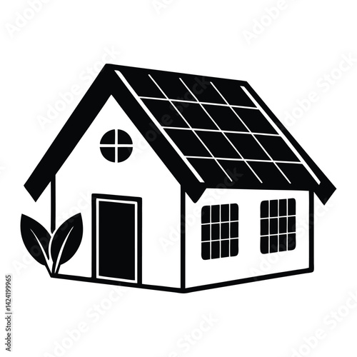 Eco house with a solar panel roof on white background