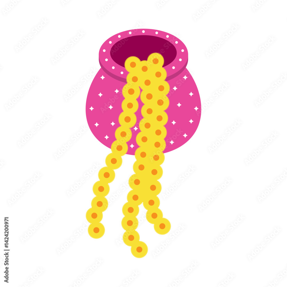Indian Wedding Haldi Overflowing Pot Marigold Yellow Floral Ceremony Decoration Vector