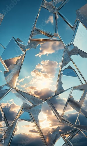 	
Broken mirror reflecting cloudy sky with shining sun creating a surreal and artistic scene	