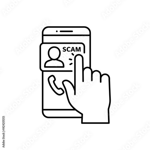 Hand rejecting scam call on smartphone with alert message  