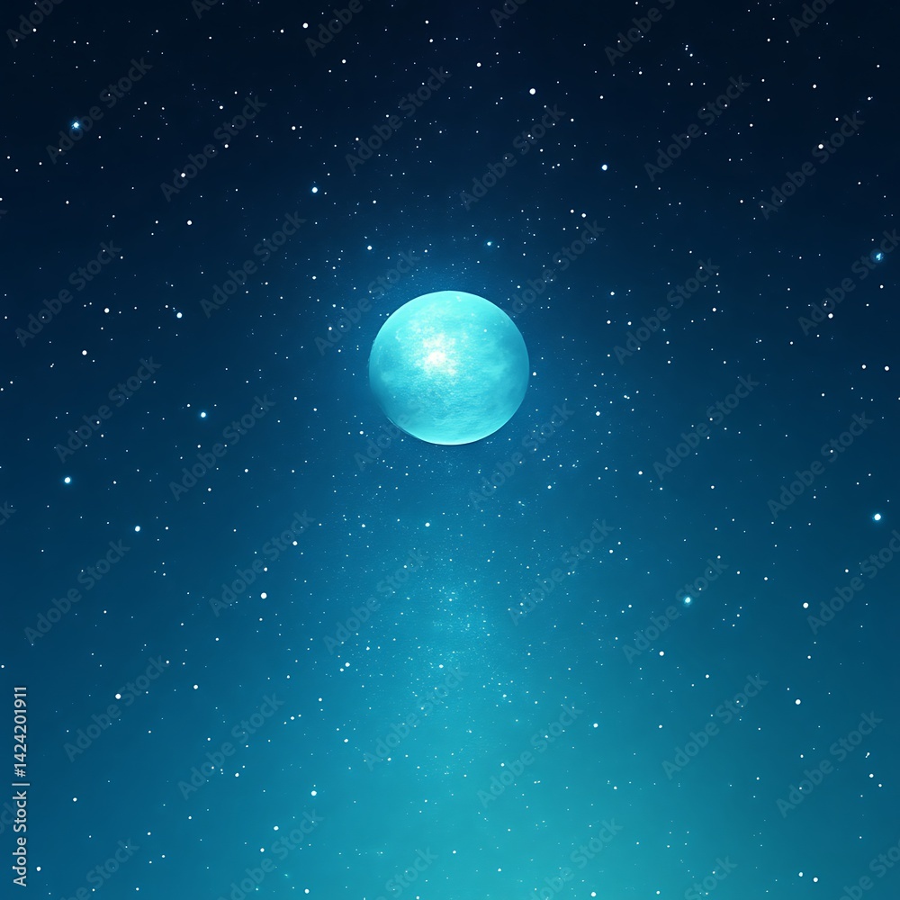 Fototapeta premium Teal moon glowing in a dark, starry night sky