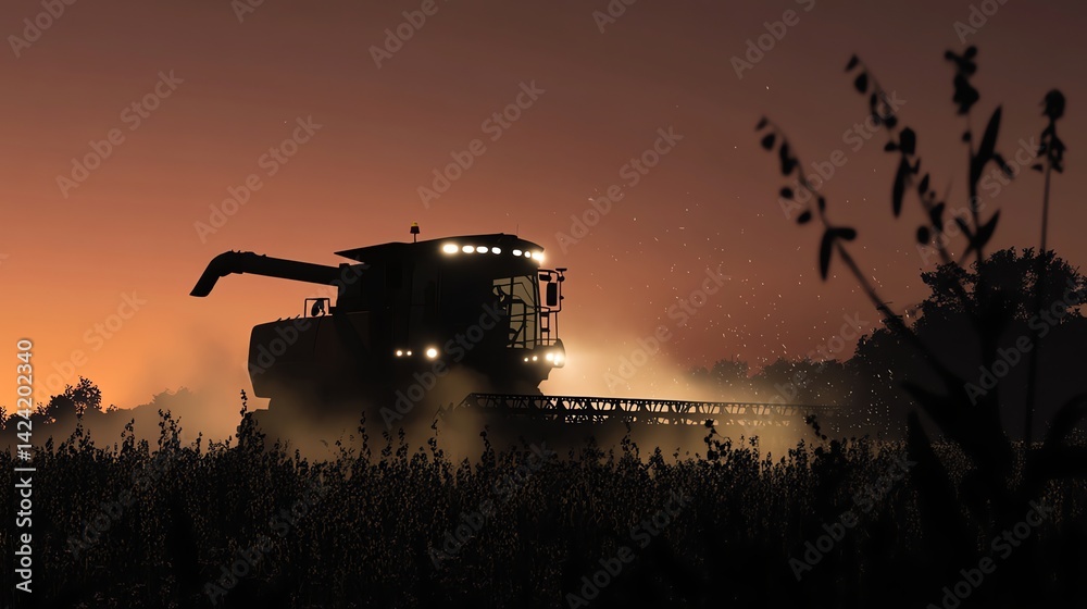 Fototapeta premium Harvesting Crops at Sunset with Combine Harvester Agriculture Scene