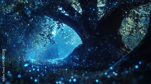 Magical tree scene with glowing blue lights in an enchanting forest, creating a dreamlike atmosphere for nature lovers.