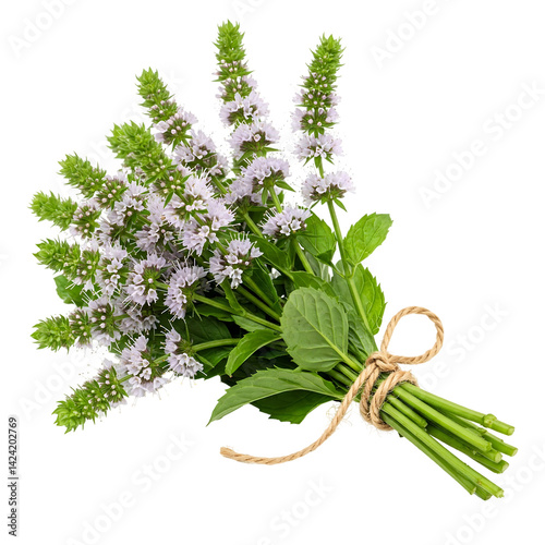 bunch of mint flowers tied with a rope isolated