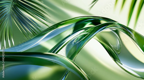 Abstract background featuring fluid green and blue glass waves with a 3D liquid glass effect. 