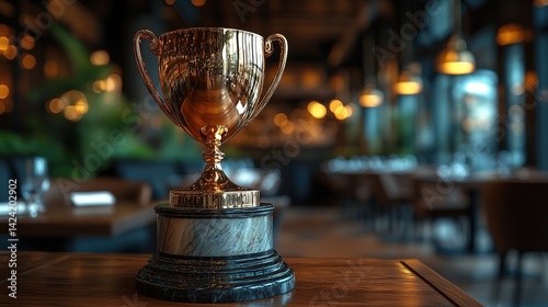 Wallpaper Mural Luxury restaurant interior with golden trophy on wooden podium, elegant award ceremony concept for fine dining excellence and culinary achievement.
 Torontodigital.ca