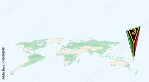Highlighted Vanuatu on Global Map with 3D Flag Location Pin of Vanuatu.