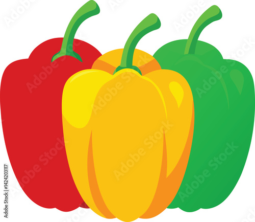 Fresh Bell Peppers in Red Yellow and Green on White Background.