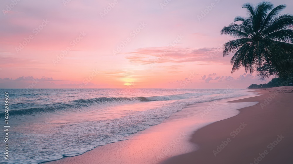 Obraz premium Serene Beach Sunset with Soft Waves and Palm Trees on Tranquil Coastline