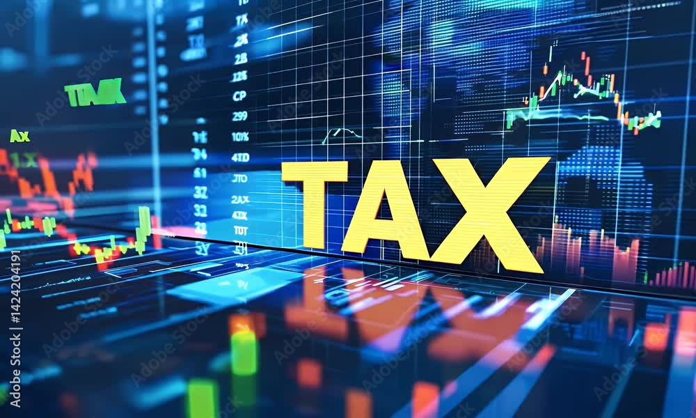 Corporate-style tax background with financial charts and the inscription TAX