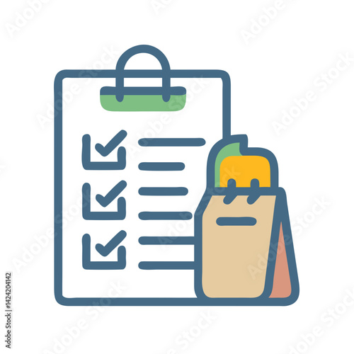 Grocery Bag with Checklist Icon Representing Shopping List and Food Essentials