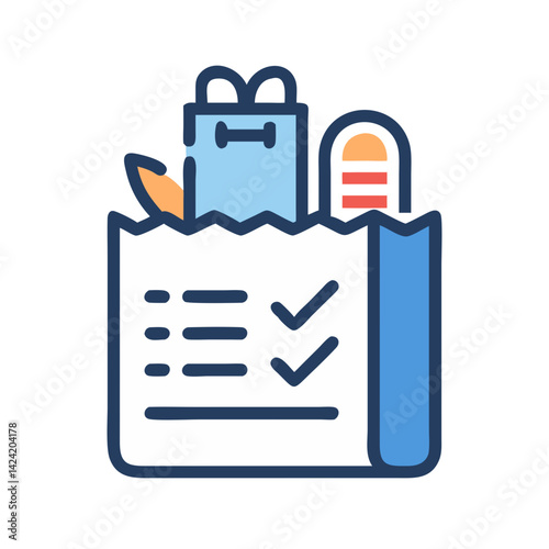 Grocery Bag with Checklist Icon Representing Shopping List and Food Essentials
