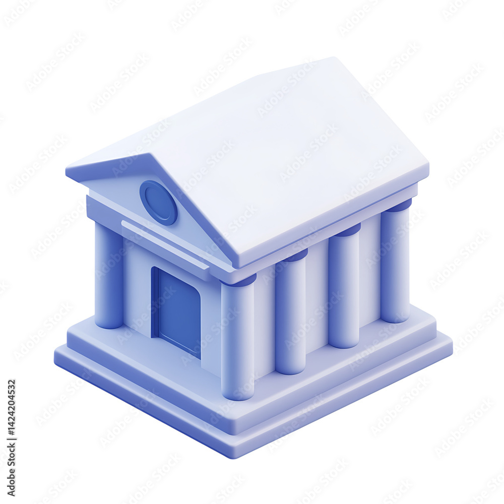 A minimal 3D icon of a bank building with columns and triangular pediment designed in a stylized perspective on a transparent background