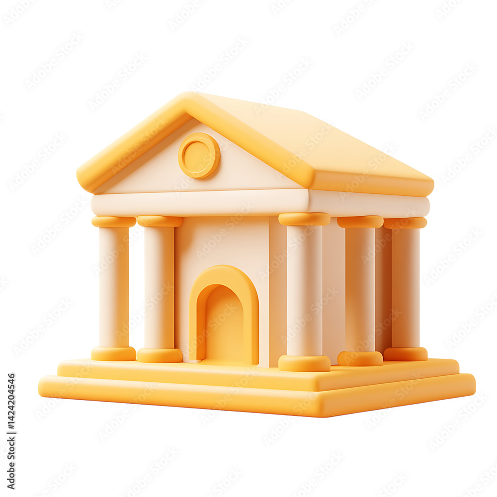 A minimal 3D icon of a bank building with columns and triangular pediment designed in a stylized perspective on a transparent background