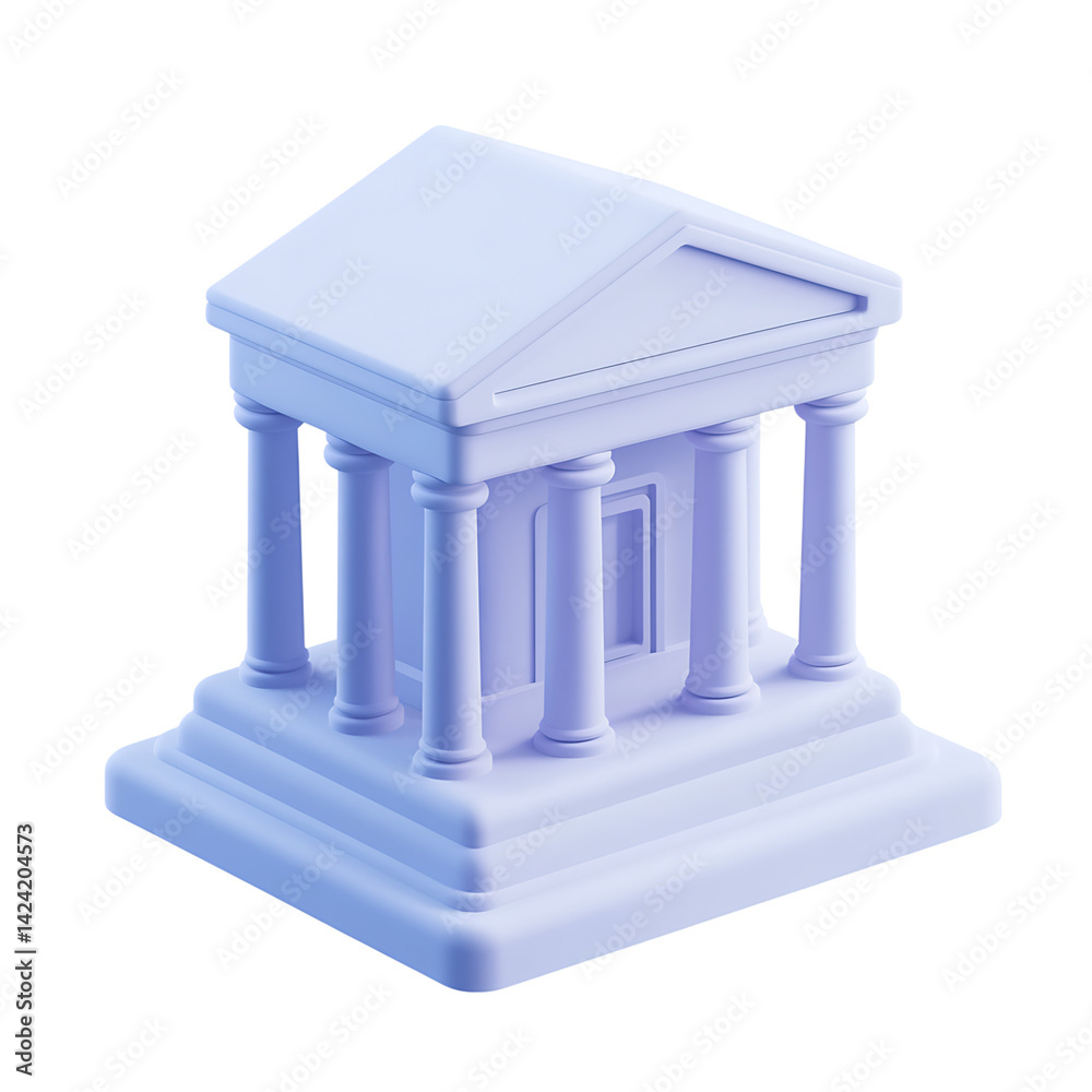A minimal 3D icon of a bank building with columns and triangular pediment designed in a stylized perspective on a transparent background
