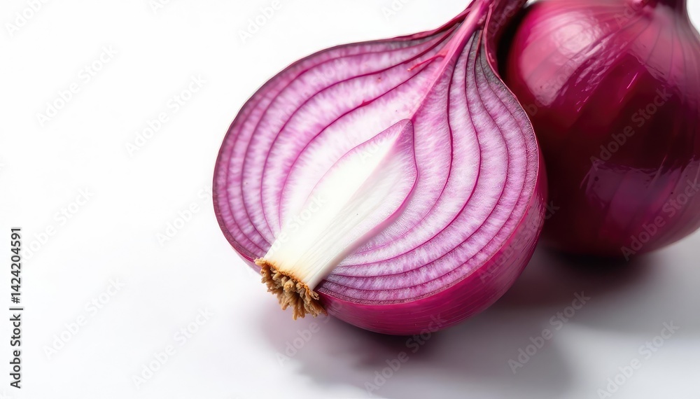 Close-up of red onion, layers visible, pure white background, simple, sharp focus