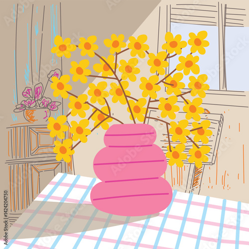 Aesthetic flowers on vase hand drawn vector illustration. Flowers and plants art print, cover, cards, poster and home decor design.
