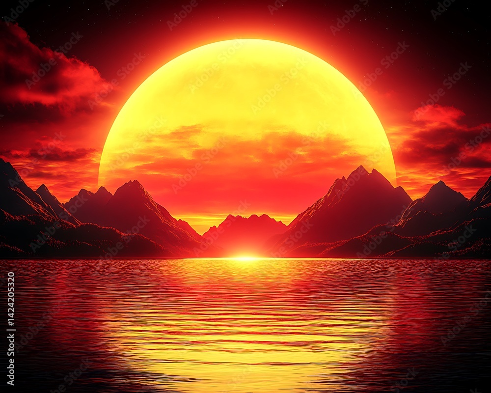 Fototapeta premium Fiery Moonrise Over Mountains